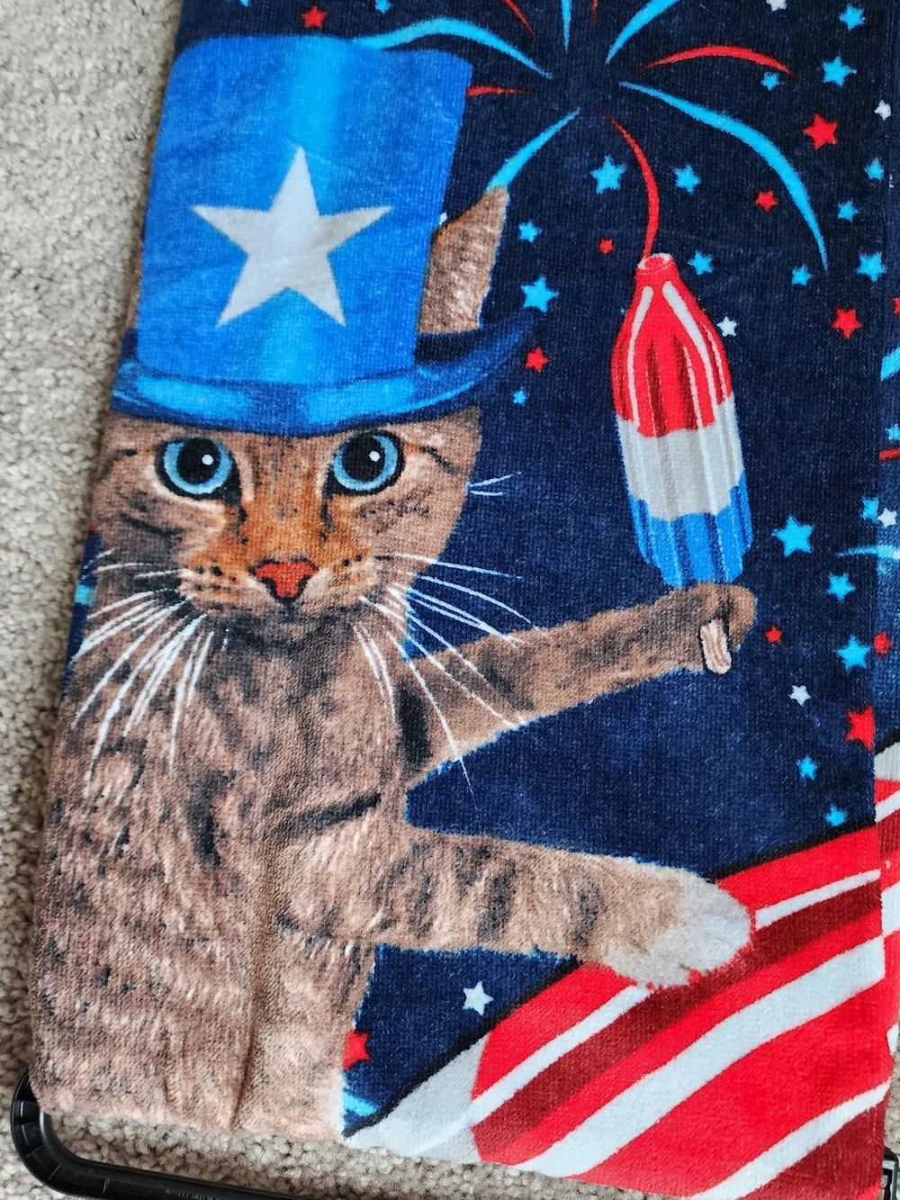 Patriotic Cat Rocket Beach Towel - Blue Red White